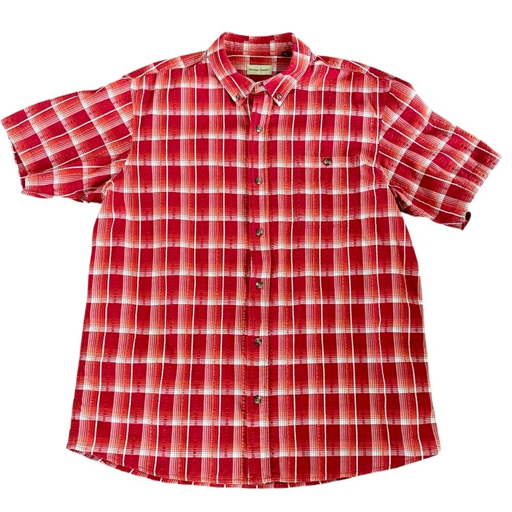 Hobbs Creek Mens XL Red Plaid Seersucker Button‎ Down Shirt Short Sleeve Casual